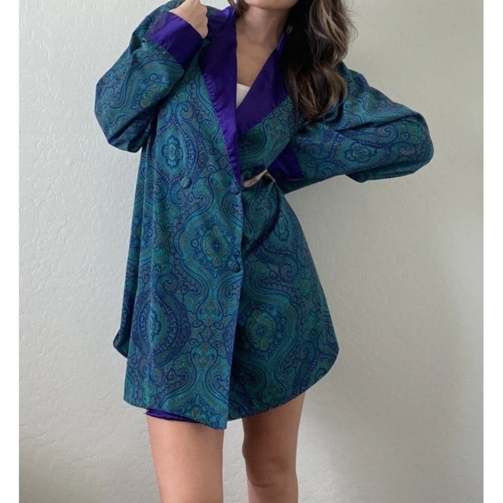 Vintage Victorias Secret Gold Label Paisley Satin Robe Teal Purple Medium 90s